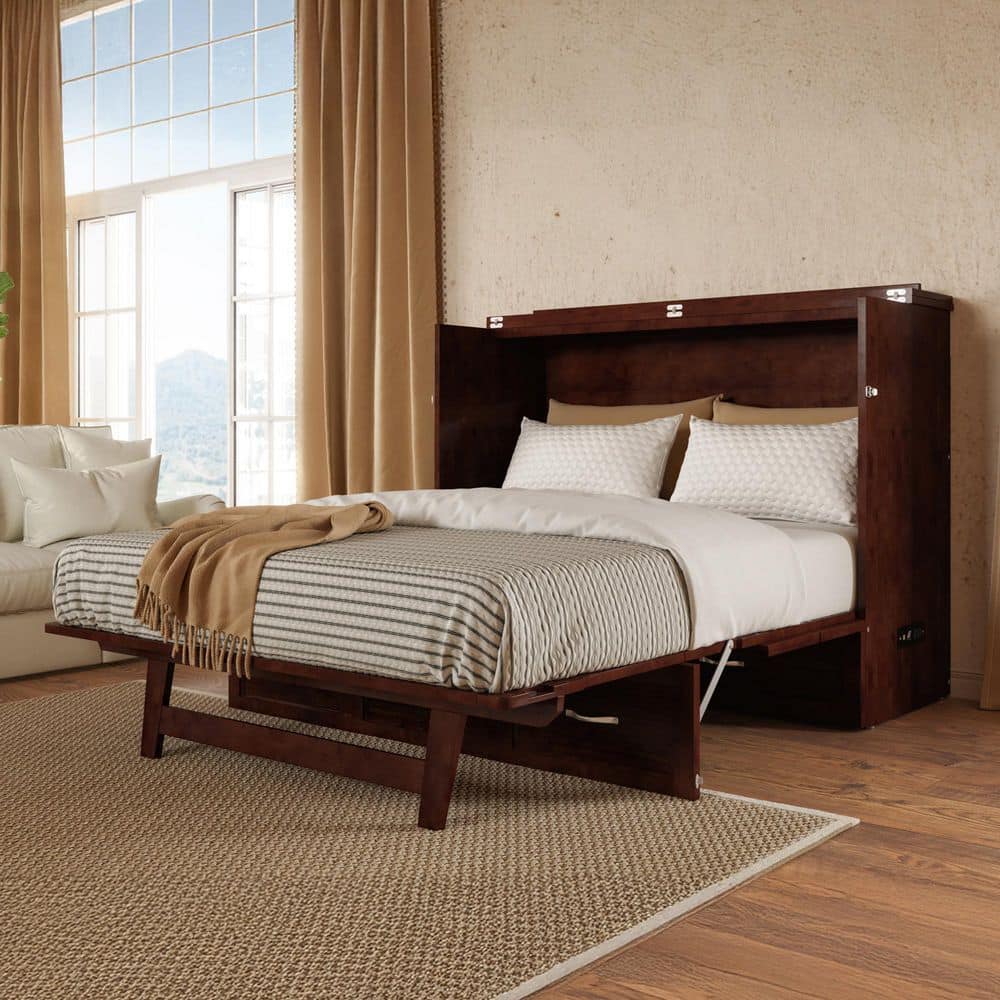 Walnut Full Murphy Bed Chest with Storage Drawer