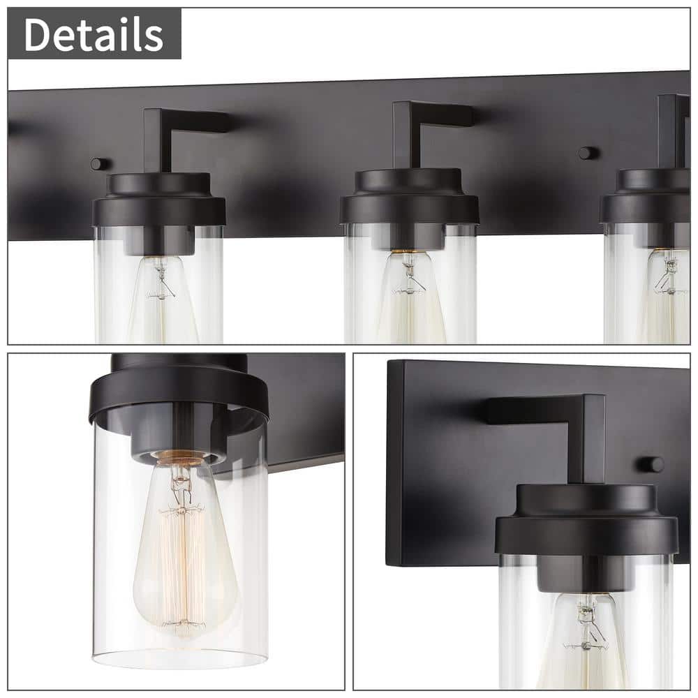 Black 4-Light Dimmable Cylinder Vanity Light with Glass Shades