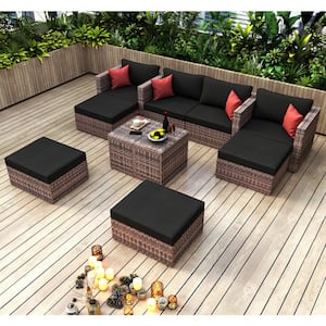 10-Piece Brown Wicker Outdoor Conversation Set with Black Cushions and Red Pillows with Furniture Protection Cover