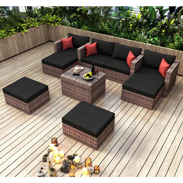 Zeus & Ruta 10-Piece Brown Wicker Outdoor Conversation Set with Black Cushions and Red Pillows with Furniture Protection Cover