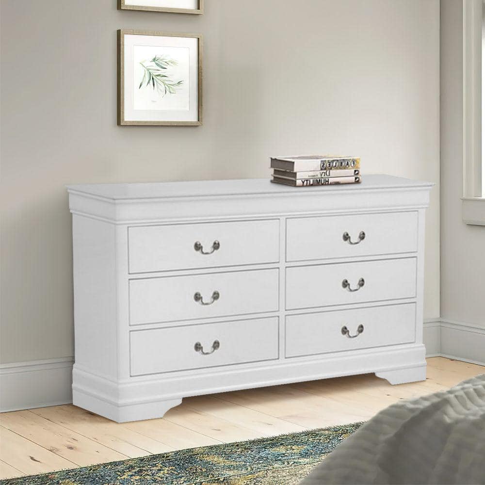 Transitional White Solid Wood Double Dresser with Metal Pulls