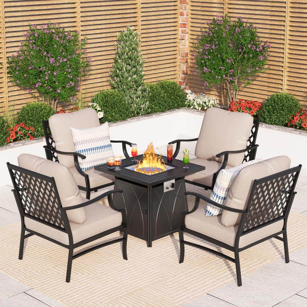 Black Metal Meshed 4 Seat 5-Piece Steel Outdoor Patio Conversation Set with Beige Cushions and Square Fire Pit Table