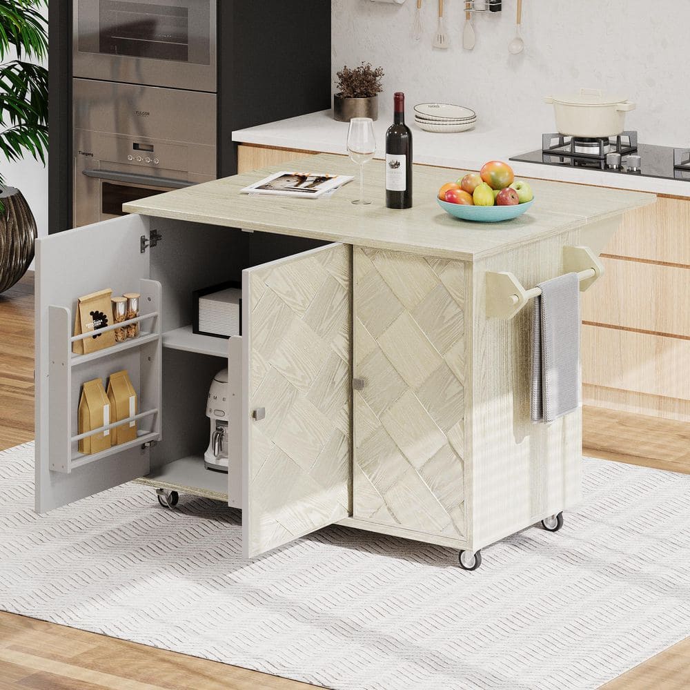 Champagne MDF Kitchen Cart with Drop Leaf and Towel Rack