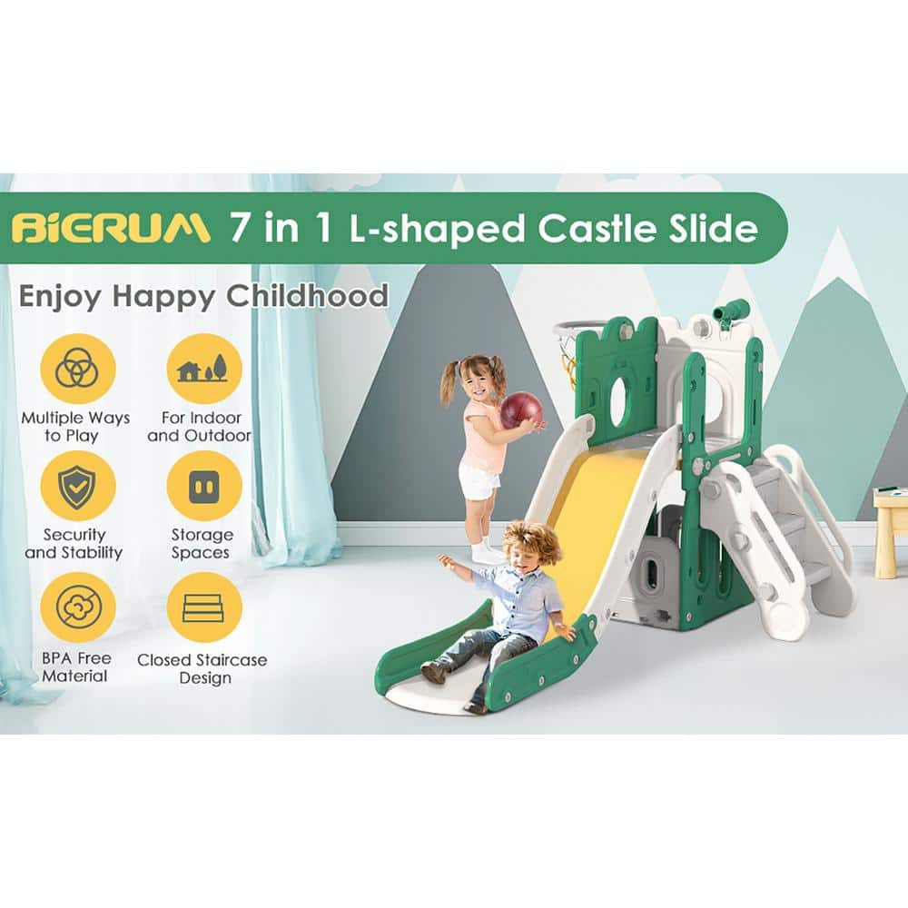 Green and Yellow L-Shaped 7-in-1 Toddler Slide with Basketball Hoop
