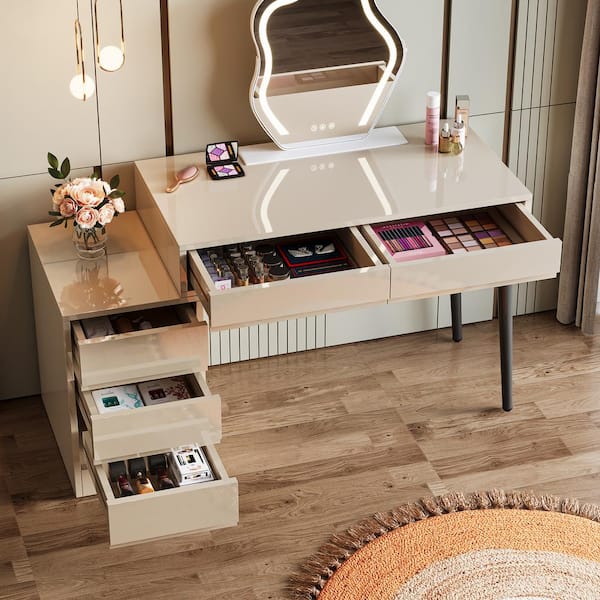 Ellie Sand Makeup Vanity Desk with Reversible 5-Drawers