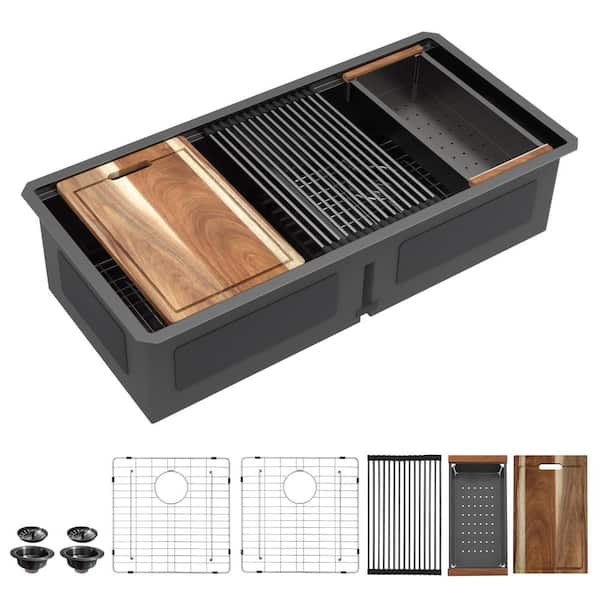 39"x19" Gunmetal Black Undermount Stainless Steel Low Divide 50/50 Double Bow Workstation Kitchen Sink with Accessories