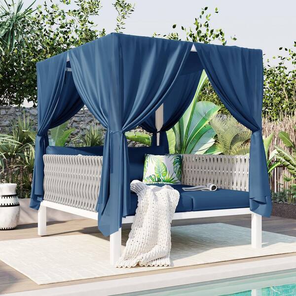 Cesicia White Metal Outdoor Day Bed with Curtains Blue Cushions Suitable for Multiple Scenarios