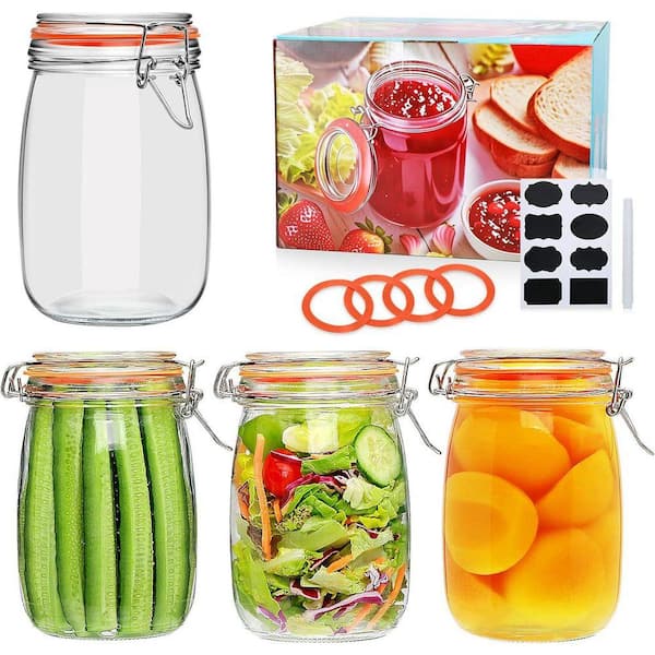 4-Piece Airtight Clear Glass Wide Mouth Hinged Lid Large Food Storage Container Jar Set for Kitchen Pantry