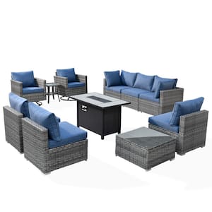 Sanibel Gray 11-Piece Wicker Patio Conversation Fire Pit Sectional Sofa Set with Swivel Chairs and Denim Blue Cushions