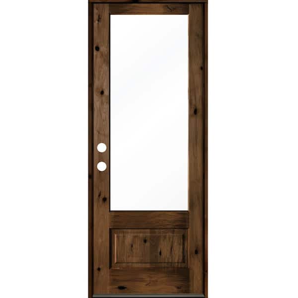Krosswood Doors 36 in. x 96 in. Farmhouse Knotty Alder Right-Hand/Inswing 3/4 Lite Clear Glass Provincial Stain Wood Prehung Front Door