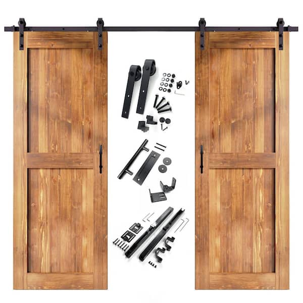 HOMACER 32 in. x 84 in. H-Frame Early American Double Pine Wood Interior Sliding Barn Door with Hardware Kit Non-Bypass