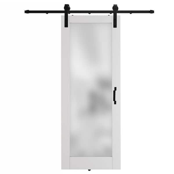 32 in. x 80 in. White Full Lite Frosted Glass Panel Solid Wood Barn Door Slab with Full Barn Door Hardware Kit Set
