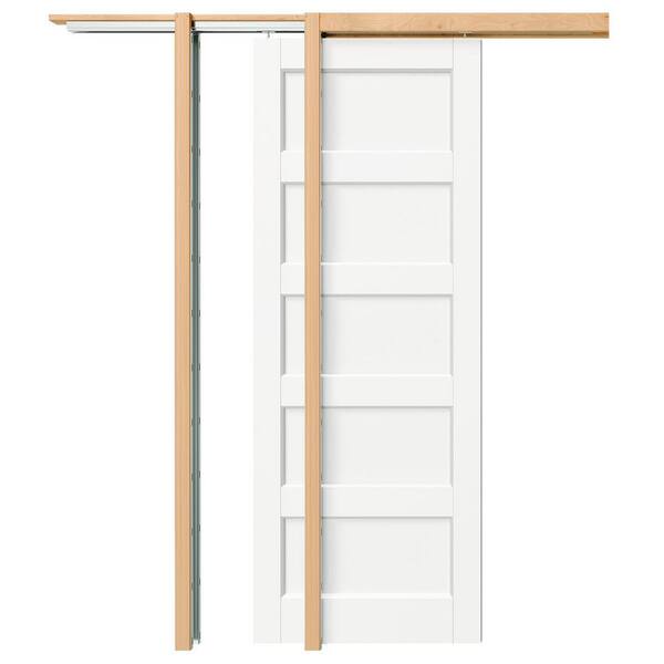 56 in. x 80 in. White Primed Pine and MDF. Composite 5-Panel Core Pocket Door with Soft Close, Frame and Full Hardware