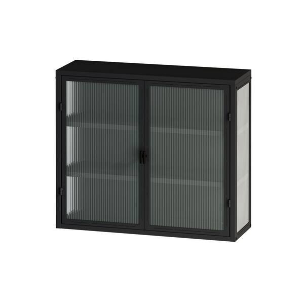 FUNKOL 5.91-in W x 23.62-in D x 27.56-in H in Black Iron Ready to Assemble Wall Kitchen Cabinet with Mirror