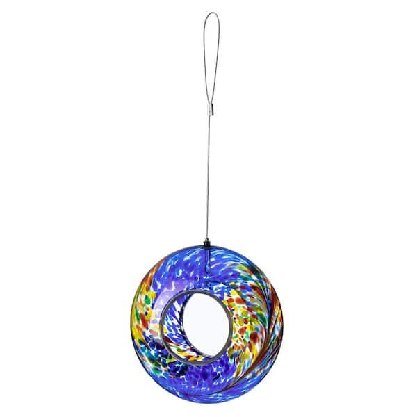 Glitzhome 7.75 in. D Glass Platform Feeder Food Round Hanging Multi-Color Mosaic Birdfeeder