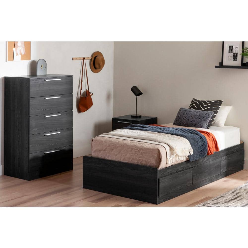 Twin Gray Oak Platform Bed with 3 Storage Drawers