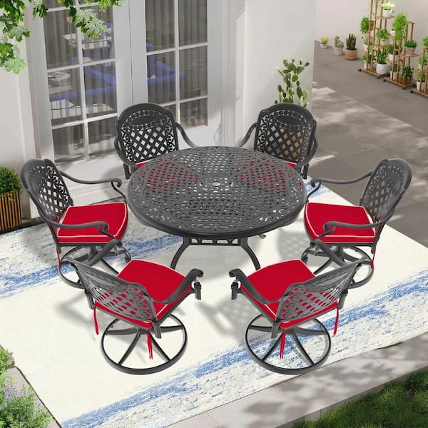 Isabella 7-Piece Cast Aluminum Patio Outdoor Dining Set W/ Round Dining Table, 6 Swivel Chairs and 6 Red Cushions
