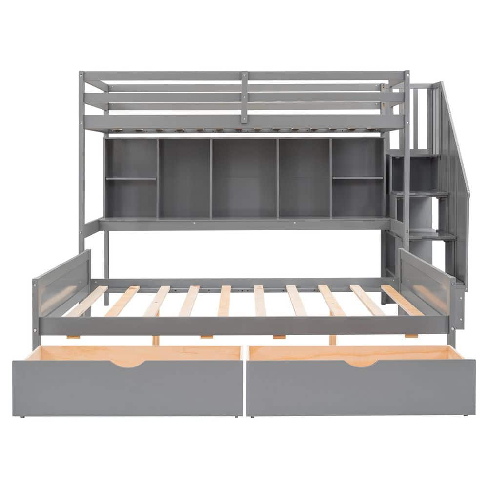 Angel Sar Gray Wood Twin XL Over Full Bunk Bed With Built-in Storage ...