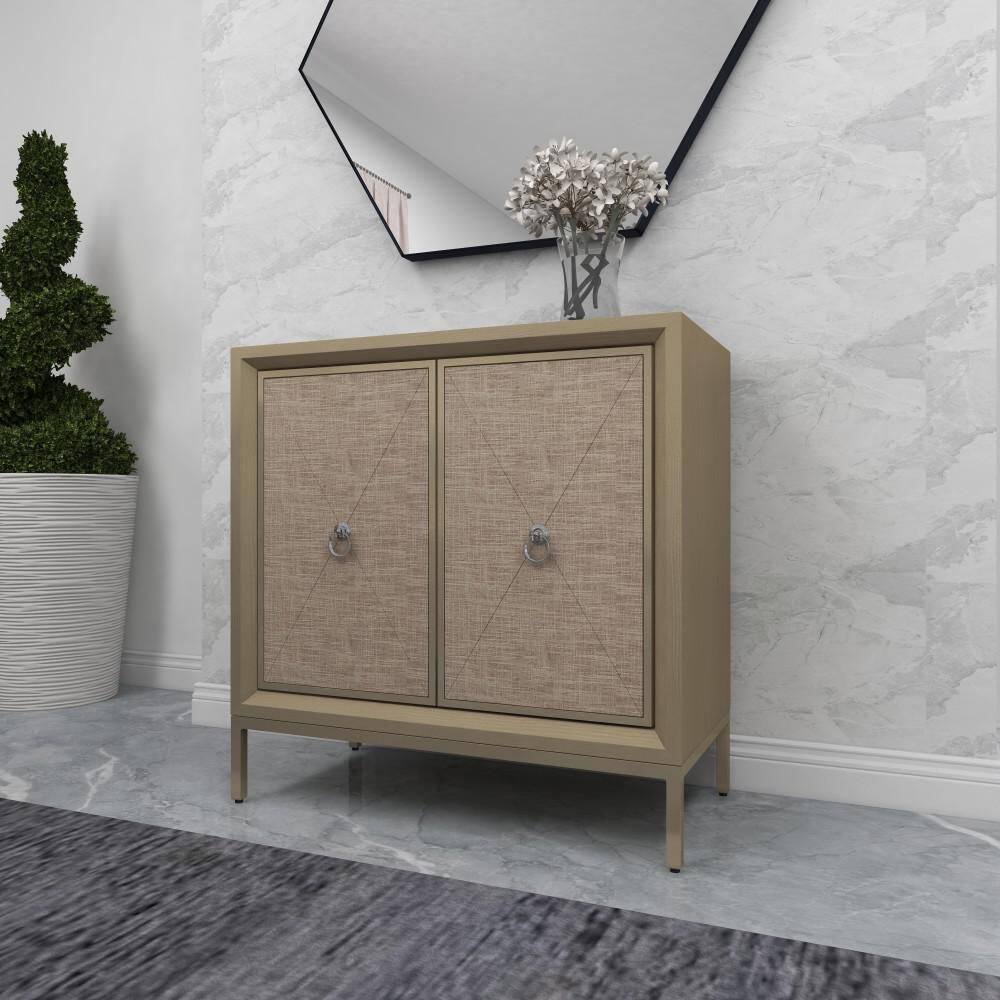 Beige Mirrored Fir Wood Upholstered Accent Cabinet