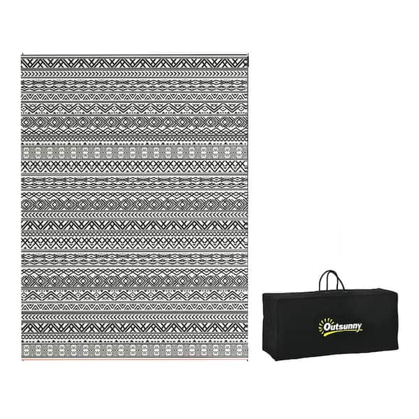Reversible Outdoor Rug 9' x 12' Waterproof Plastic Straw Floor Mat Portable RV Camping Carpet in Gray & Cream White Boho