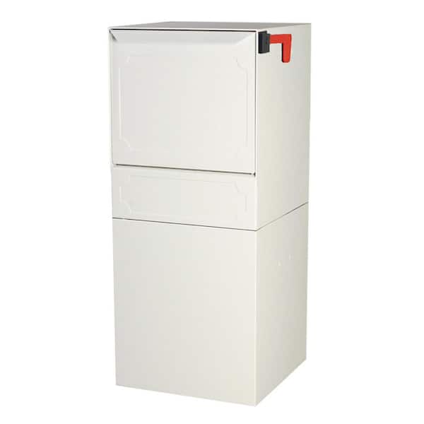 dVault Parcel Protector Vault White Post/Column Mount Locking Mailbox with Outgoing Mail Clip and Carrier Service Flag