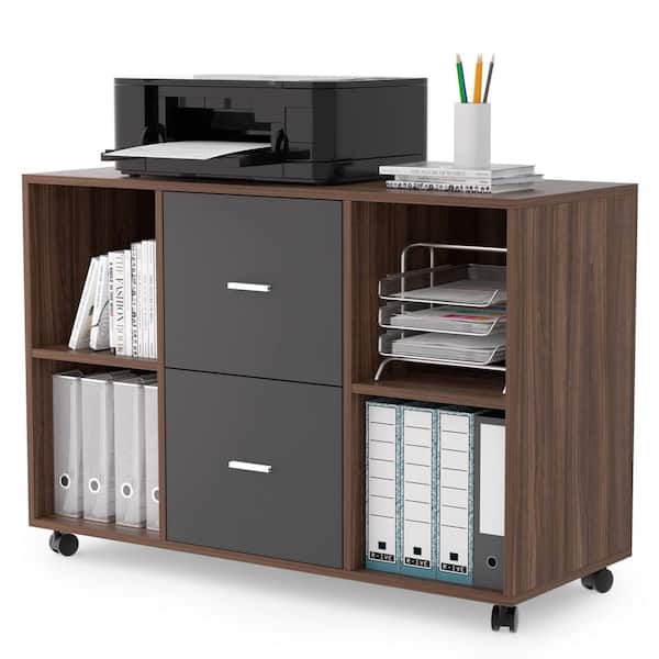 Unbranded Dark Gray + Brown Mobile File Cabinets with 2 Drawers and 4 Open Storage Cabinets