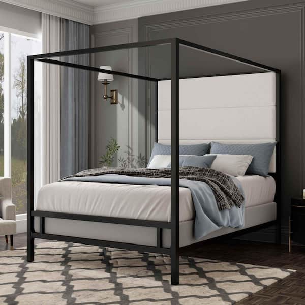 Black/White Wood Frame Queen Canopy Bed with Tall Linen Upholstered Headboard, Metal 4-Poster Bed Frame