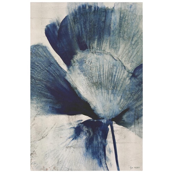Empire Art Direct "Azure Bloom", Blue Flower Rendered on Gold Shagreen Wrapped canvas Unframed Wall Art, Sized 60 in. x 40 in.