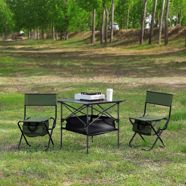 Angel Sar 3-Piece Outdoor Folding Camping Table and Chairs Set, Black/Green