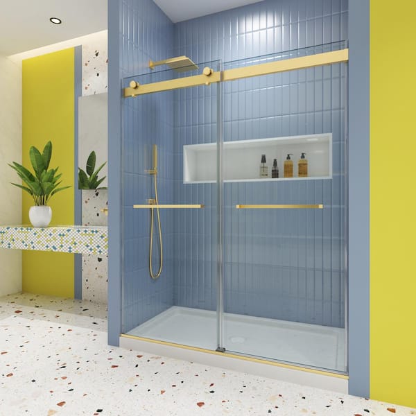 56-60 in. W x 74 in. H Double Sliding Frameless Soft Close Shower Door in Brushed Gold with 5/16 in. Clear Glass