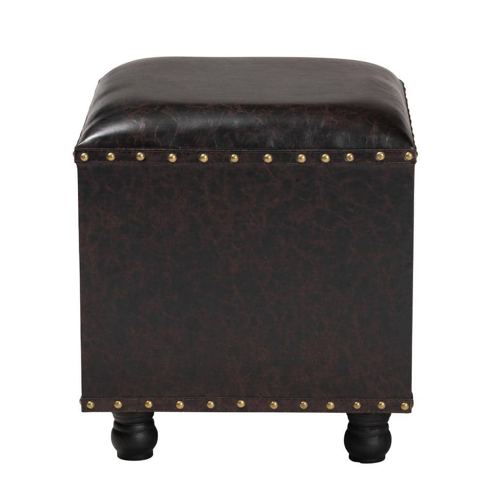 Charlier Rustic Dark Brown Faux Leather Storage Ottoman with Book Spine Drawer