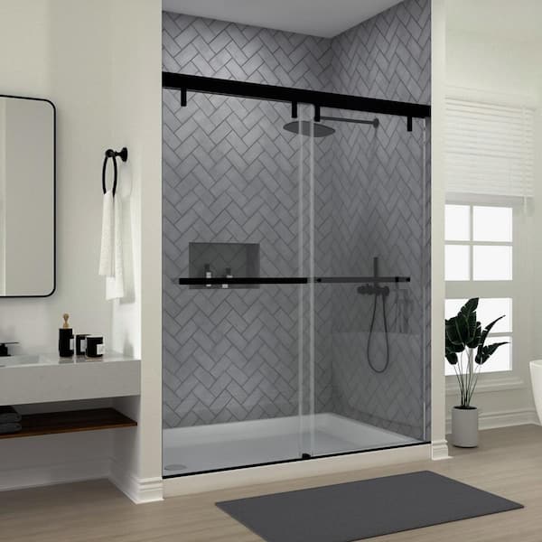 niveal Koln 60 in. W x 72 in. H Sliding Semi-Frameless Shower Door in Matte Black Finish with Clear Glass