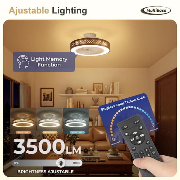 20 in. Indoor Modern Black Low Profile Bladeless Caged Standard Flush Mount Ceiling Fan Light with LED with Remote