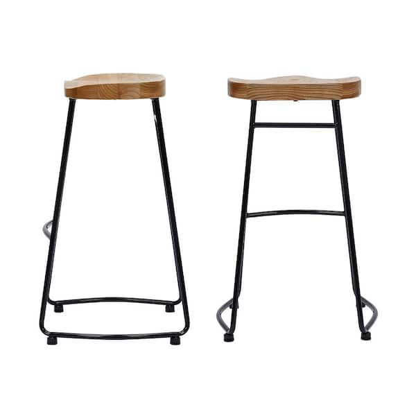 Mjkone Wood and Metal Bar Stools Backless - Dark Brown / 3 Pcs