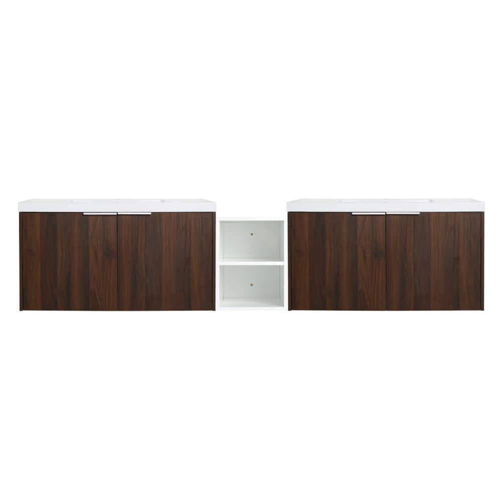 84 in. Wall-Mounted Plywood Bathroom Vanity with Storage Shelves & White Ceramic Sink in Walnut price history on PriceWatchPro