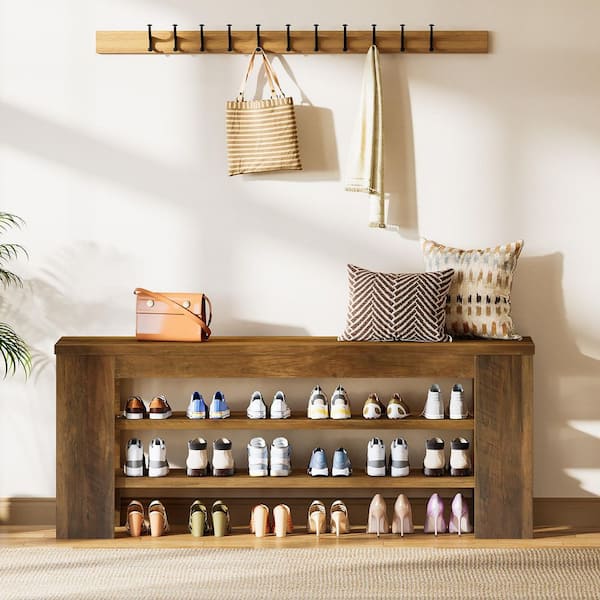 19.7 in. H x 47.2 in. W 15-Pair Brown Wooden Shoe Storage Bench, 3-Tier Shoe Storage Shelf for Entryway, Hallway