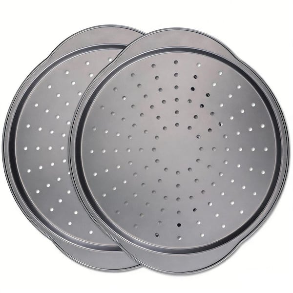 2-Pack 13 in. Round Carbon Steel Pizza Pans for Oven with Perforated Holes and Grip Handles, Non-Stick, Dishwasher Safe