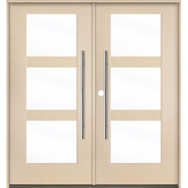 Krosswood Doors Modern Faux Pivot 72 in. x 80 in. Right-Active/Inswing 3Lite Clear Glass Unfinished Double Fiberglass Prehung Front Door