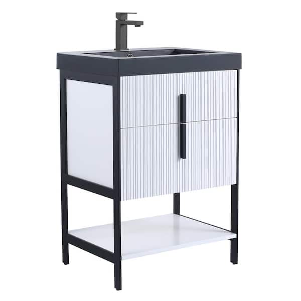 FINE FIXTURES 24 in. W x 18 in. D x 33.5 in. H Bath Vanity in White with Gel Coated Acrylic Top with Black Hardware
