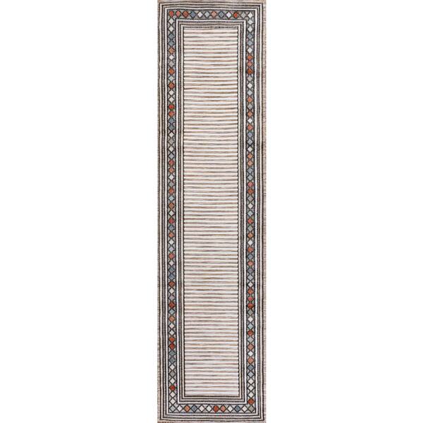 Sebastian High-Low Modern Diamond Border Brown/Ivory 2 ft. x 8 ft. Indoor/Outdoor Area Rug