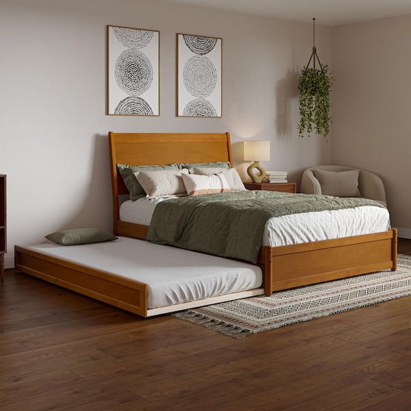 AFI Casanova Light Toffee Natural Bronze Solid Wood Frame Full Platform Bed with Panel Footboard and Twin Trundle