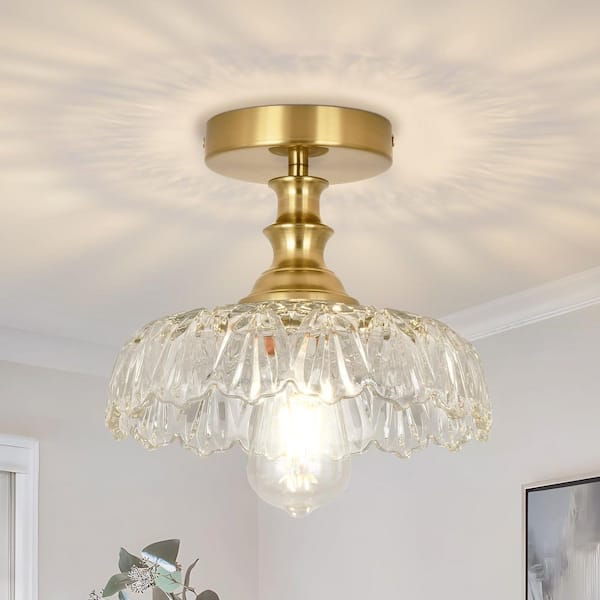 Essel 9.44 in. 1-Light Clear Modern Mid Century Semi-Flush Mount Ceiling Light with Flower Shape Glass Shade