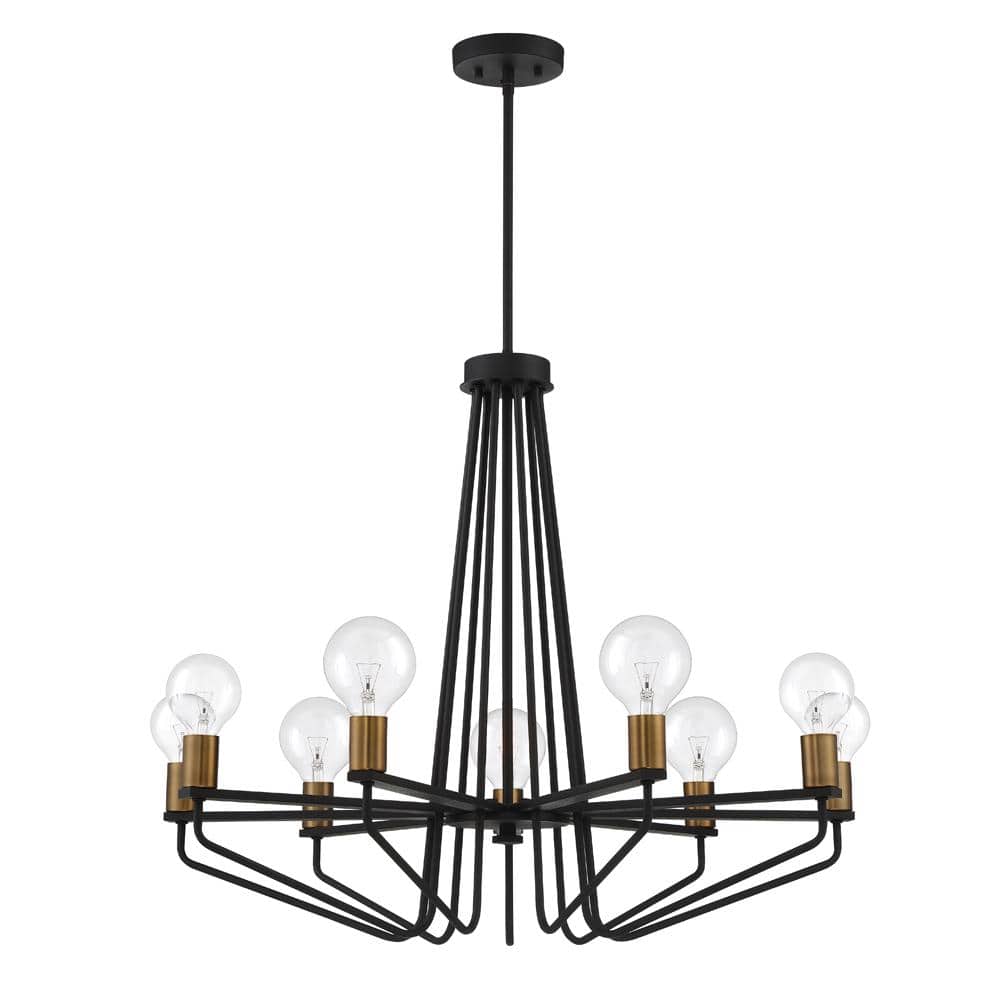 Ravella 27" Black Aluminum 9-Light Industrial Chandelier with Satin Brass Accents