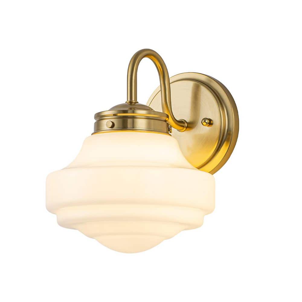 7.5 in. 1-Light Brass Schoolhouse Dimmable Wall Sconce with Tiered Milk Glass Shade for Bedsides price history on PriceWatchPro