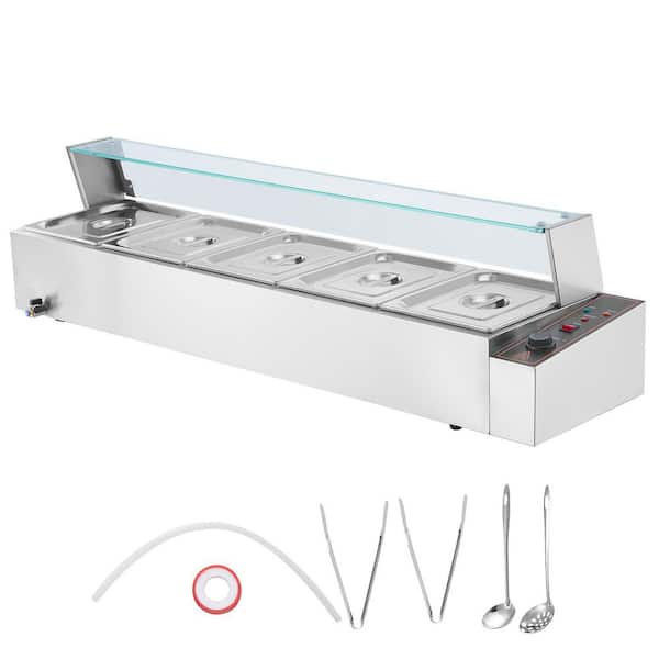 60QT. Commercial Food Warmer, 5-Pan Electric Steam Table with Glass Cover, 1500W Countertop Stainless Steel Buffet Bain