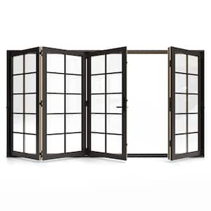 W5500 124 in. x 80 in. Bronze Right Hand/Outswing Aluminum Clad Wood 4-Panel Prehung Folding Patio Door w/10-Lite Grid