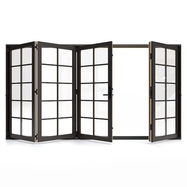 W5500 124 in. x 80 in. Bronze Right Hand/Outswing Aluminum Clad Wood 4-Panel Prehung Folding Patio Door w/10-Lite Grid