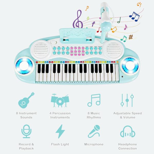 37-Key Toy Piano Keyboard w/ Stool Microphone Electronic Organ for Kids Gift 