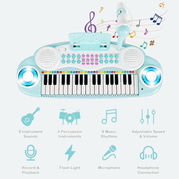 37-Key Toy Piano Keyboard w/Stool Microphone Electronic Organ for Kids