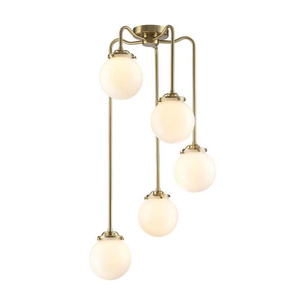 Malbon 5-Light 18.5 in. Modern Brass Linear Geometric Waterfall Chandelier with Polished Opal Glass Globe Shade